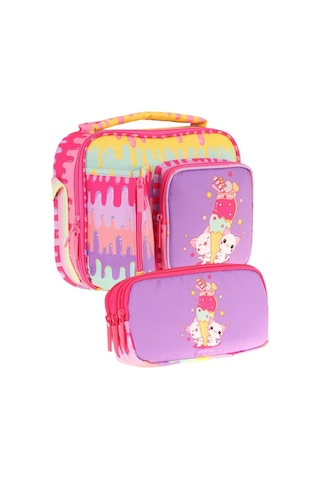 Kaukko Kids Kız Çocuk Sarı Mor Dondurma Baskılı Üç Bölmeli Thermo Beslenme Çantası Ve Kalemlik Seti L7247+l8247 Sarı - Mor