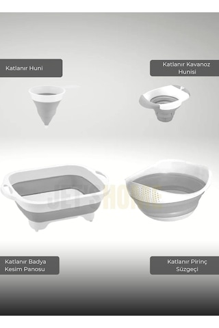 11'li Set Çamaşır Sepeti- Katlanır Sele- Badya- Kova- Maşrapa- Süzgeç- Kesim Panosu-huniler Bpa Free Beyaz - Gri