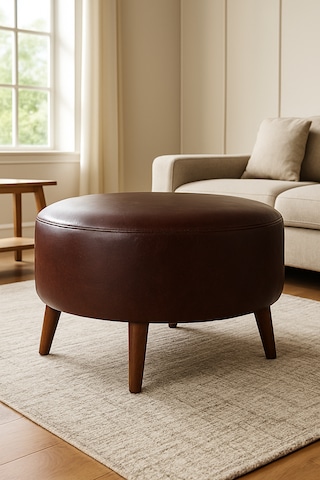 Large Büyük Yuvarlak Modern Puf - 60 Cm - Deri Kumaş - Acı Kahve