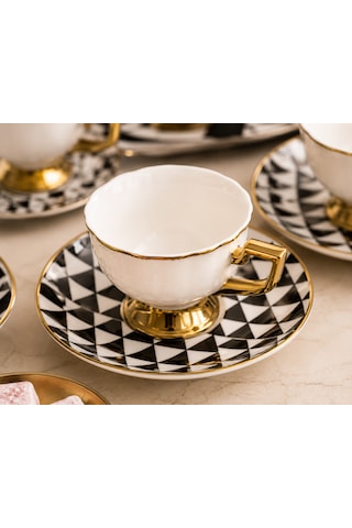 Premium Porselen 6 Kişilik Türk Kahvesi Fincan Takımı Gold Detaylı Modern Desenli Şık Hediye Seti Çok Renkli