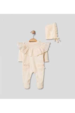 Pugi Baby Dantel Yaka Detaylı Bebek Tulum & Şapka Takımı Bej