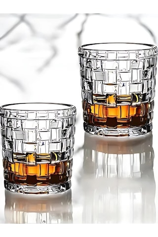 2 Adet Retro Serisi Vintage Tasarım Rattan Detaylı Kristal Kesim Viski Ve Kokteyl Bardak Seti Şeffaf