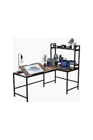 L Masa Raflı L Şekilli Ofis Masası 620-c Ceviz