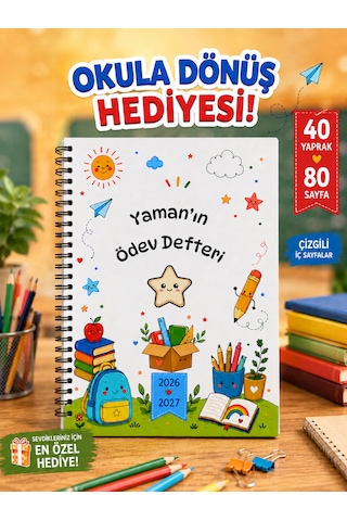 Ödev Defteri, Okul Defteri, Çizgili Defter, A5 Boy 40 Yaprak 80 Sayfa Defter, Kişiye Özel İsimli Çok Renkli