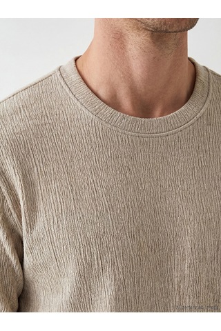 Lcwaıkıkı Classic Bej Bisiklet Yaka Dokulu Erkek Sweatshirt