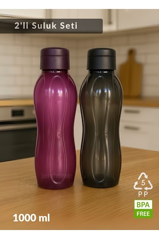 2 Li Su Şişesi Seti 1000 Ml Matara, Bpa Free, Ev-iş-spor İçin Siyah-mürdüm Pp-5 Siyah - Mor