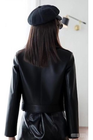 Kadınlar İçin Eğik Fermuarlı Günlük Kısa Deri Ceket Kahverengi