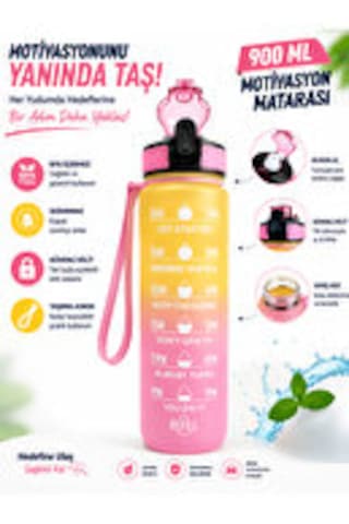 900 Ml Motivasyon Matarası Sızdırmaz, Kilitli, Silikon Uçlu, Taşıma Askılı, Geniş Ağızlı Su Matarası pembe