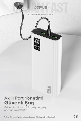 Jopus 20000mah Powerbank Pd 22.5w Hızlı Şarj - Dijital Ekranlı - Taşınabilir Şarj Cihazı Beyaz