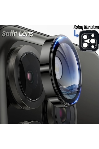 Ennar Apple Uyumlu iPhone 15 Pro Max Gerçek Cam Safir Lens Koruma Siyah Siyah