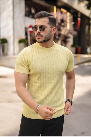 Veraura Lifestyle Erkek Örgü Desen Bisiklet Yaka Triko Tişört - %100 Pamuk Akrilik Açık Sarı