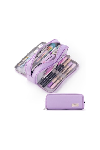 Okul Genç Kız Erkek İçin Büyük Kapasiteli Kalem Kutusu 3 Bölmeli Kese Kalem Çantası-mor