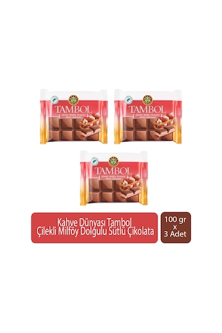 Kahve Dünyası Tambol Çilekli Milföy Dolgulu Sütlü Çikolata 100 Gr X 3 Adet