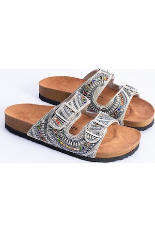 Polomia Comfort Sahra Kadın Anatomik Eva Taban Konfor Taş Pırlanta İşlemeli Çift Bantlı Tokalı Günlük Sandal Terlik Gümüş