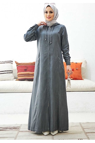 Neways 6463-Kapşonlu Denim Ferace Gri