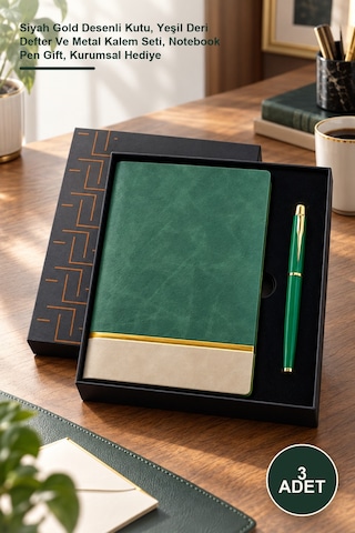 3 Adet Premium Öğretmenler Günü Hediye Seti Siyah Gold Desenli Kutu, Yeşil Deri Defter Ve Metal Kalem Seti, Notebook Pen Gift, Kurumsal Hediye