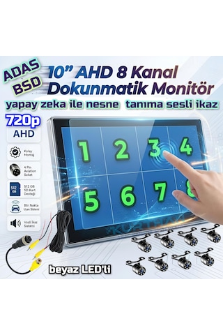8 Adet Beyaz Ledli Ahd 720p Kelebek Kamera 10 İnç 8 Ch Dokunmatik Ekran 512 Gb Dvr Adas Bsd 12 Volt
