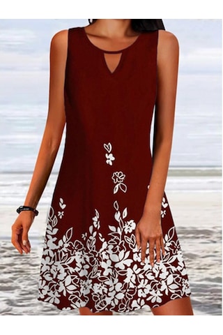 Yaz Kadın Etek Bol Baskı Uzun Kollu Tasarım Sense Çiçek Kolsuz Elbise Kırmızı