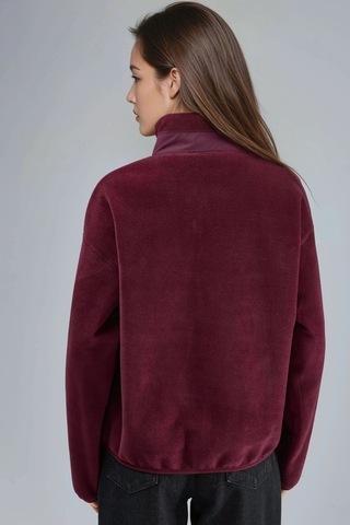 Hiccup Busem Fermuarlı Yakalı Peluş Örme Sweatshirt, Cepli Bordo Kırmızı