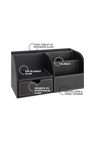 Masa Üstü Düzenleyici,kalemlik,kumandalık,küpbloknotluk,tabletlik,kitaplık,6 Gözlü,çekmeceli,desktop Organizer,vegan,24,5 13 12 Siyah