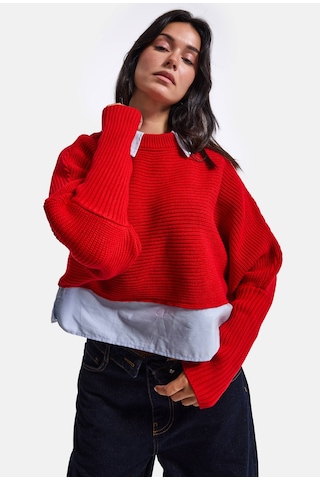 Kadın Kırmızı W6-19 Oversize Tek Parça Gömlek Yaka Detaylı Tasarım Triko Kazak