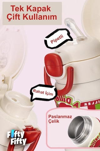 Dıller 600 Ml Tek Kapak Çift Kullanım Pipetli/pipetsiz Taşıma Kulplu Vacum Cup/çelik Termos -ffdıllerd9238 Çok Renkli
