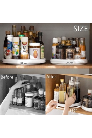 Mutfak Depolama İçin 2 Adet Döner Baharat Rafı 2 Boyut Plastik Tabanlı Yuvarlak Disk 25 Cm Ve 30 Cm Dolaplarla Uyumlu -