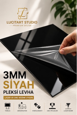 Siyah Pleksi Levha 2.8-3mm Parlak Yüzeyli Akrilik Pleksiglas Mika Dekorasyon, Hobi Ve Tabela Kullanımı Lazer Ve Cnc Kesime Uygun Çeşitli Ebatlar