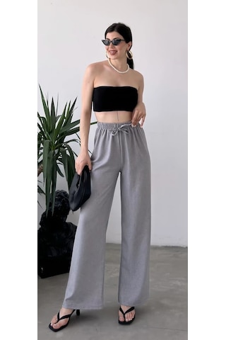 Blue Trend Kadın Düz Renk Keten Bel Lastikli Bol Paça Pantolon Gri