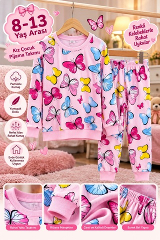 Üç Gül Ticaret Kız Çocuk 8-13 Yaş Kelebek Desenli Pijama Takımı Pamuklu Kumaş Pembe
