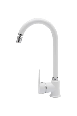Beyaz Armatür Oynar Perlatörlü Mutfak Evye Bataryası 360 Derece Sıcak Soğuk Su Girişli Beyaz