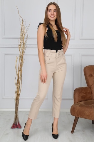 Bluence Beli Kemerli Ekru Dar Paça Kumaş Pantolon Ekru