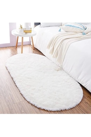 Raschel Carpet Oval Kesme Yolluk Kaymaz Taban Kalın Yumuşak Peluş Halı Özel Taban Beyaz