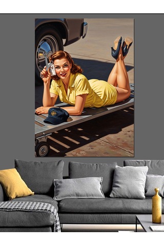 Oto Tamirci Pin Up Kadın Vintage Araba Dekoratif Kanvas - Mdf Ahşap Tablo