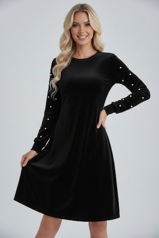 Defymoda Kadın A Form Uzun Kollu İnci Detaylı Kadife Elbise Siyah
