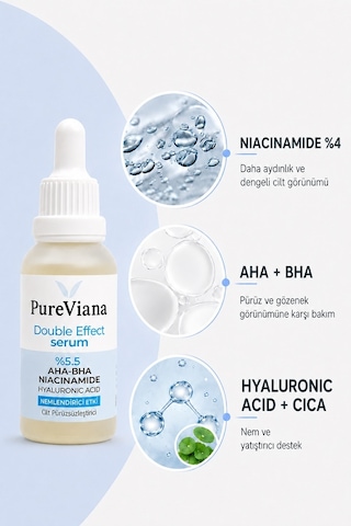 Pureviana Double Effect Serum 30 ML Aha-bha + Niacinamide + Hyaluronik Asit Aydınlatıcı, Gözenek Sıkılaştırıcı, Ton Eşitleyici