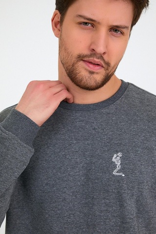 Polostate Erkek İskelet Nakışlı 3 İplik Bisiklet Yaka Sweatshirt Antrasit