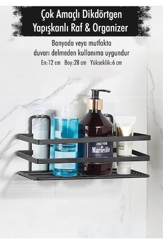 Paslanmaz Çelik Yapışkanlı Dikdörtgen Duvar Rafı & Organizer & Banyo Duş Askısı Çok Renkli