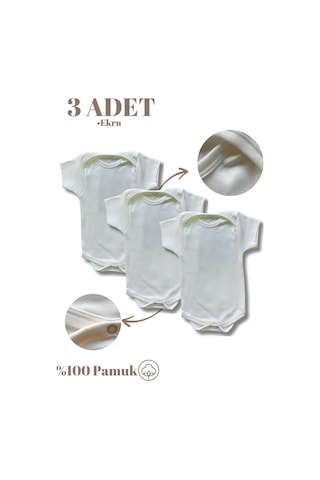 3lü Ekru Renk Organik Pamuk Çıtçıtlı Bebek Body Zıbın Ekru