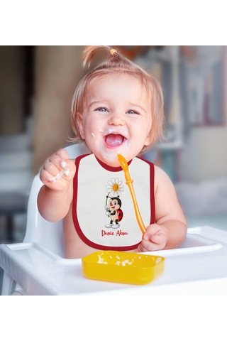Arba BK Kids Kişiye Özel Uğur Böceği Tasarımlı Kırmızı Bebek Mama Önlü Kırmızı