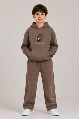 Riccotarz Erkek Çocuk Önü Ve Arkası Kurt Çizim Baskılı Kapüşonlu Sweatshirt Kahverengi Eşofman Takım