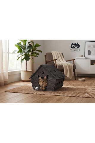 Keçe Kedi Evi Demonte, Yıkanabilir, Taşınabilir Kedi Kulübesi Minnoş Gri