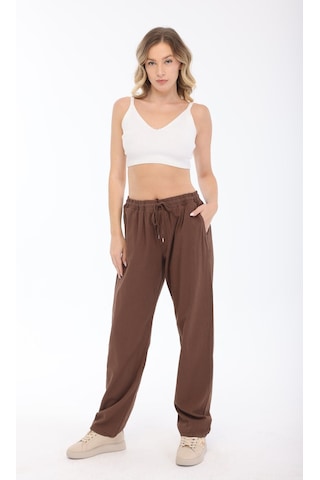 Blayn Jeans Blayn Kadın Taba Keten Dokulu Yüksek Bel Bol Paça Beli Bağcıklı Pantolon Kahverengi