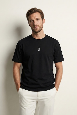 Elemge Pamuk Compact Penye Süprem Siyah Buton Nakışlı Trend Fit Erkek Tok Kumaş T-shirt Rahat Kesim 2XL