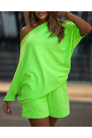 Kadın Kayık Yaka Salaş Iki Iplik Bluz Ve Şort Ikili Takım Yeşil