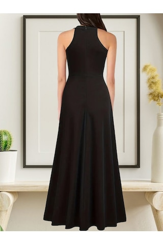 Ahes Shopping Kadın Halter Yaka Derin Yırtmaç Detaylı Tam Boy Ithal Krep Abiye Elbise Siyah