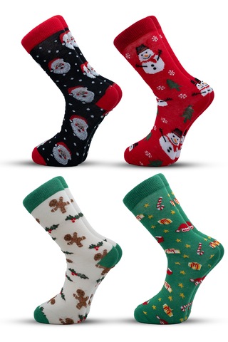 Stocalze Unisex Soket Çorap. Noel Ve Yılbaşı Temalı 4 Farklı Desenli Ve Renkli Kutulu Pamuklu Çorap Seti. Kırmızı - Yeşil - Ekru - Siyah