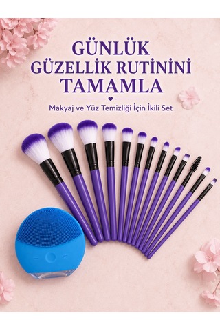 12 Parça Makyaj Fırçası Ve Silikon Yüz Temizleyici Cihaz İkili Gü