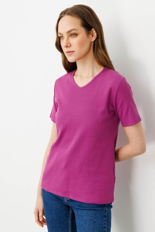 Kadın V Yaka Kaşkorse Pamuk T-shirt Sıklamen pembe