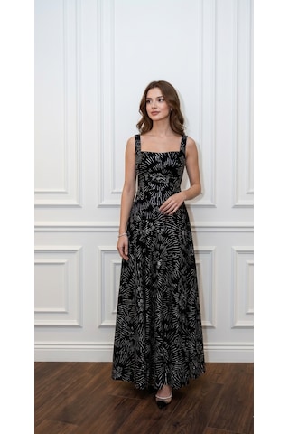Uzer Abiye Işıltılı Sim Baskılı Jacquard Dokulu Kare Yaka Couture Premium Abiye Elbise,düğün Albisesi Siyah Gümüş
